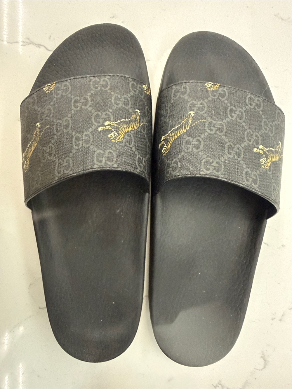 Gucci Black Monogram Slide Sandals with Gold Tiger Embroidery